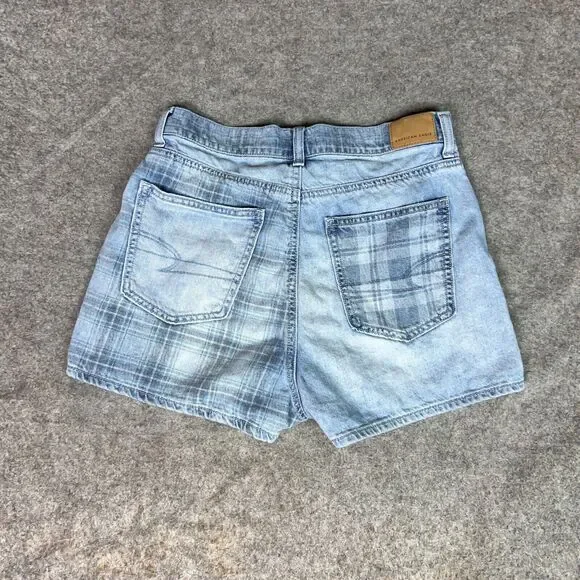 American Eagle Women Shorts 6 Jean Blue Denim Light Mom High Rise Plaid Casual - Picture 8 of 8